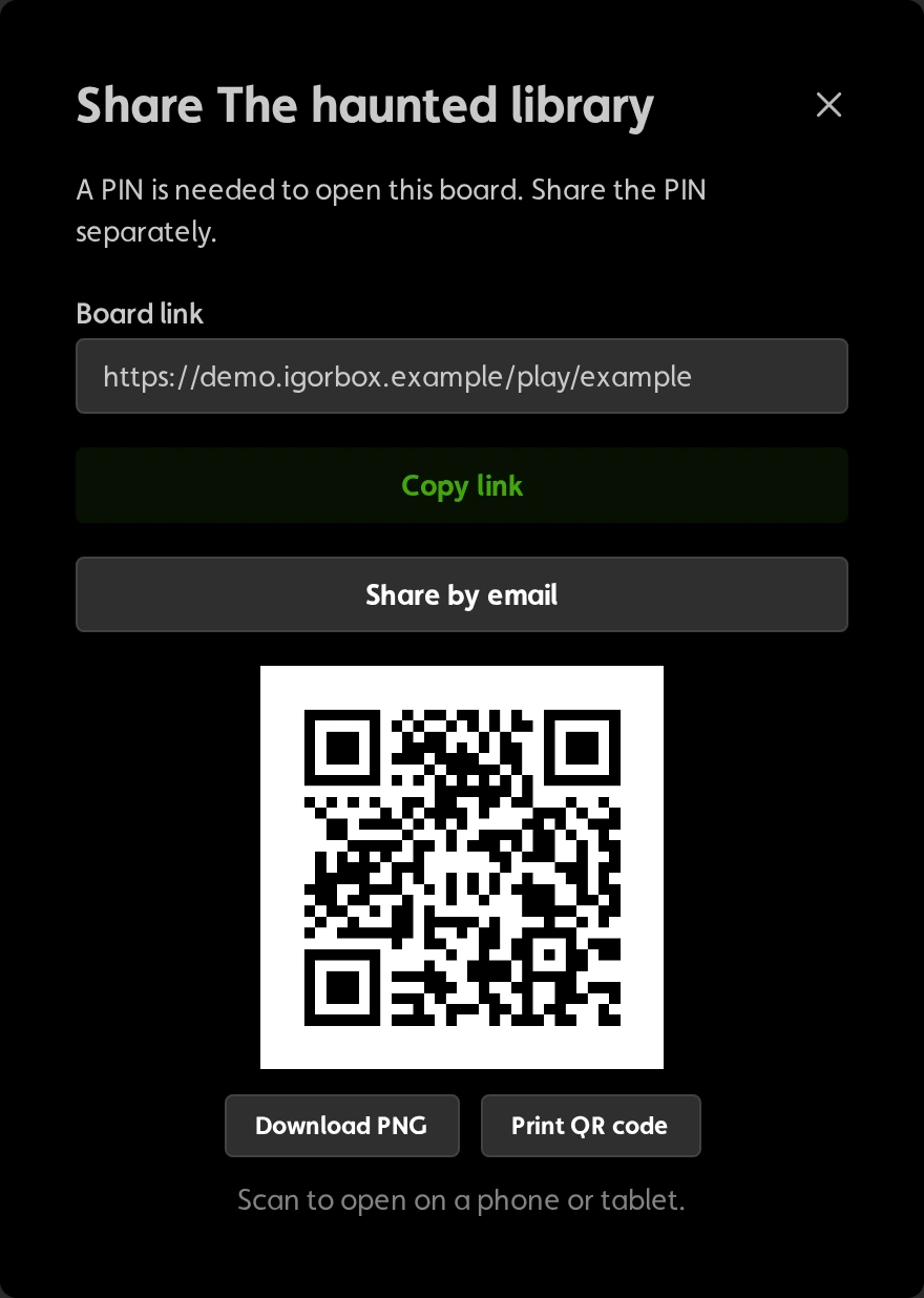 IgorBox Studio sharing dialog with a board link, Copy link, Share by email, and a QR code with download and print options. Example link only.